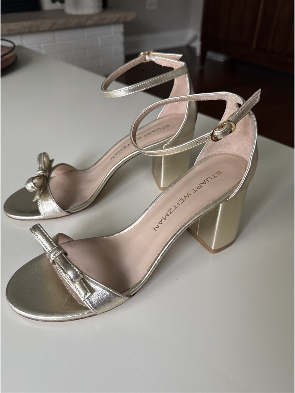 Stuart Weitzman Nudist Felicity Block Heel Gold Leather Women's Sandals, Size 8
